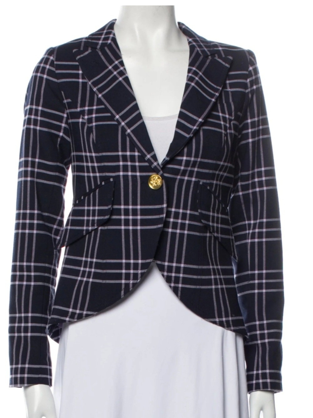 Smythe Navy Plaid Single-Gold-Button Curved-Hem Blazer